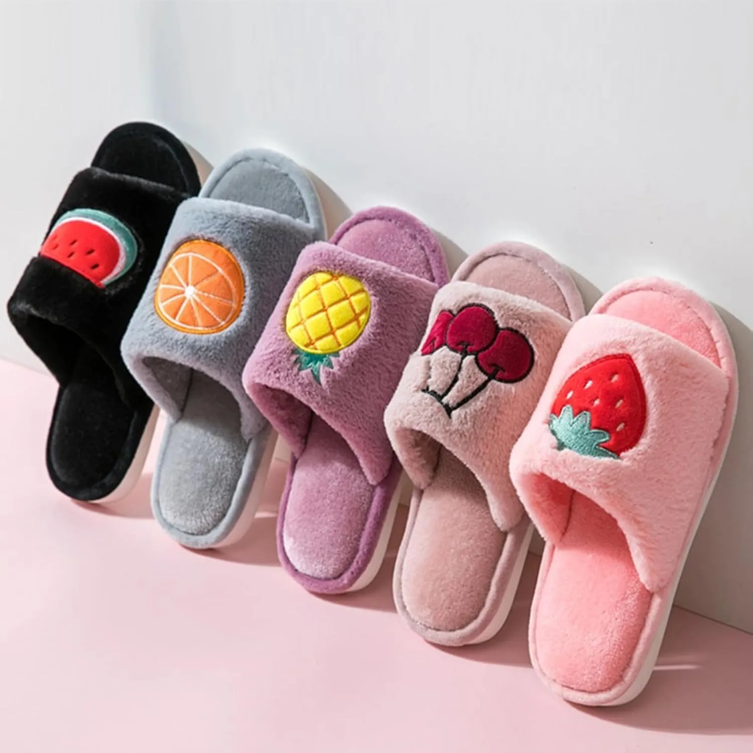 Women's Strawberry Slippers Non-Slip Indoor House Shoes Cute Fruit Plush Cozy Open Toe Cotton Bedroom Home Slippers with Memory Foam Lightweight Travel Portable