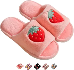 Women's Strawberry Slippers Non-Slip Indoor House Shoes Cute Fruit Plush Cozy Open Toe Cotton Bedroom Home Slippers with Memory Foam Lightweight Travel Portable