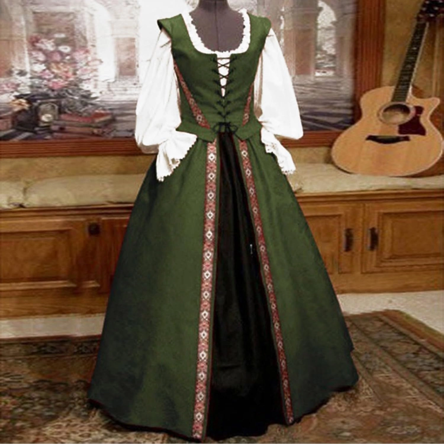 Womens Renaissance Dress 2023 Trendy Ruffle Bell Sleeve Square Neck Tie Up Dress Classic Vintage Victorian Dress