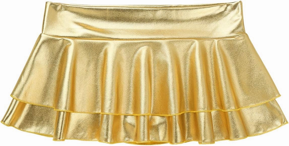 Womens Shiny Metallic Low Rise Double Layered Ruffled Mini Pleated Skirt Rave Dance Costume