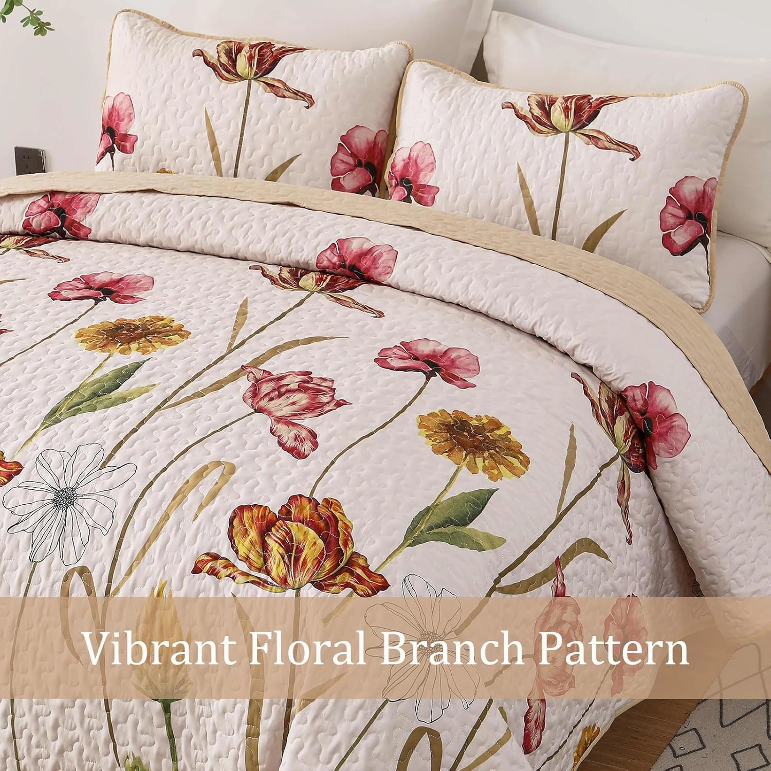 WONGS BEDDING Floral Quilt Set King Size, 3 Pieces Beige Farmhouse Bedspread Bedding Sets,Soft Lightweight Microfiber Spring Flower Coverlet Set for All Season (104"x90")