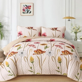 WONGS BEDDING Floral Quilt Set King Size, 3 Pieces Beige Farmhouse Bedspread Bedding Sets,Soft Lightweight Microfiber Spring Flower Coverlet Set for All Season (104"x90")