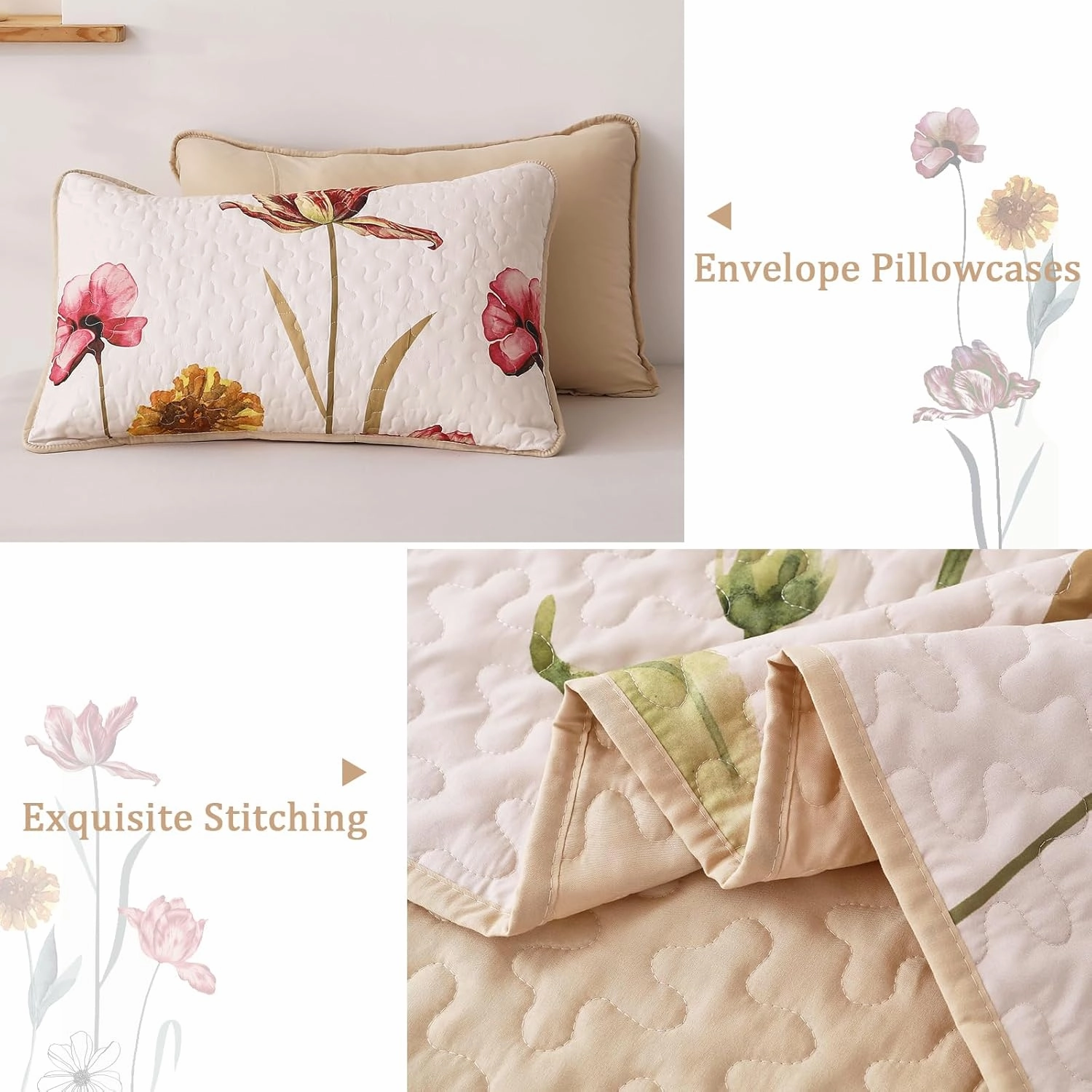 WONGS BEDDING Floral Quilt Set King Size, 3 Pieces Beige Farmhouse Bedspread Bedding Sets,Soft Lightweight Microfiber Spring Flower Coverlet Set for All Season (104"x90")