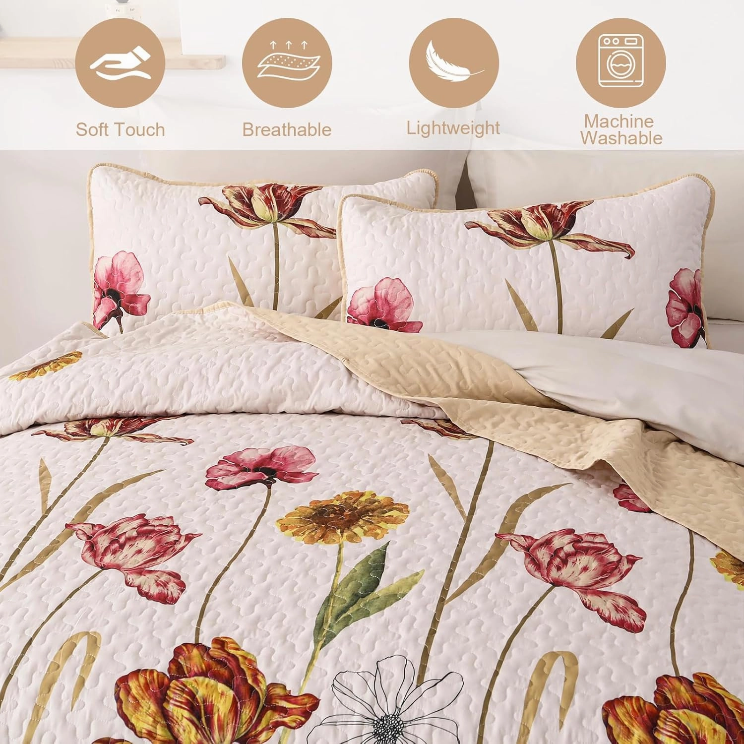 WONGS BEDDING Floral Quilt Set King Size, 3 Pieces Beige Farmhouse Bedspread Bedding Sets,Soft Lightweight Microfiber Spring Flower Coverlet Set for All Season (104"x90")