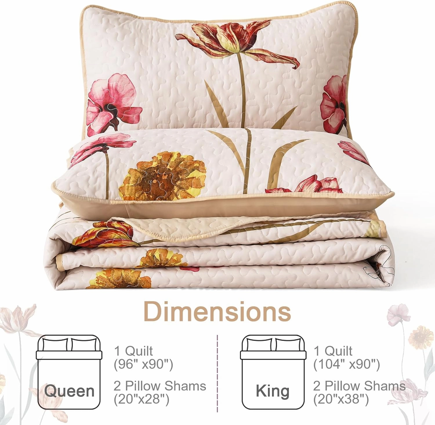 WONGS BEDDING Floral Quilt Set King Size, 3 Pieces Beige Farmhouse Bedspread Bedding Sets,Soft Lightweight Microfiber Spring Flower Coverlet Set for All Season (104"x90")