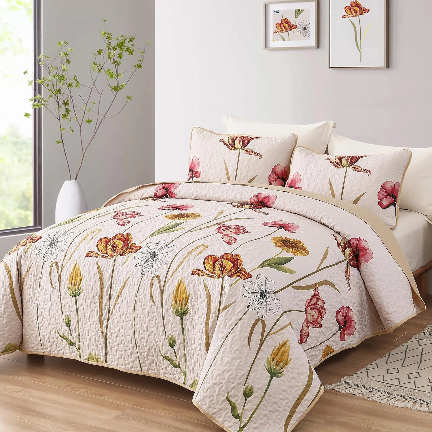 WONGS BEDDING Floral Quilt Set King Size, 3 Pieces Beige Farmhouse Bedspread Bedding Sets,Soft Lightweight Microfiber Spring Flower Coverlet Set for All Season (104"x90")