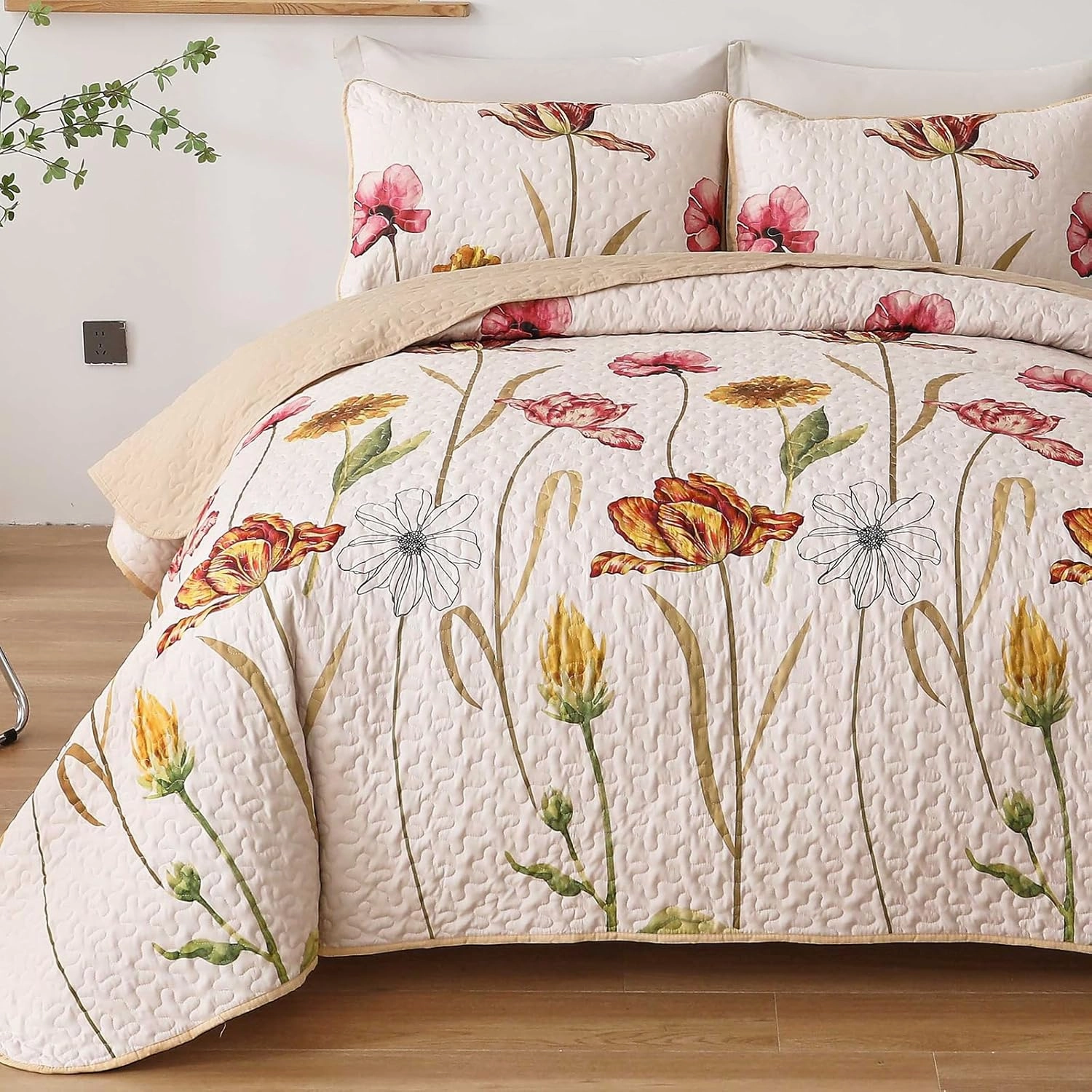 WONGS BEDDING Floral Quilt Set King Size, 3 Pieces Beige Farmhouse Bedspread Bedding Sets,Soft Lightweight Microfiber Spring Flower Coverlet Set for All Season (104"x90")