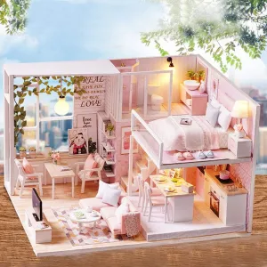 Wooded 1/24 Miniature Dollhouse LED Light Furniture Doll House Kit DIY Adult Kids
