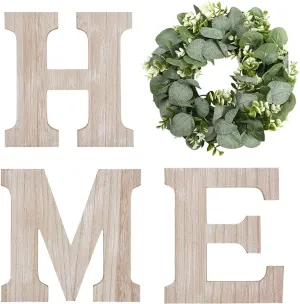 Wooden Home Sign Wall Hanging Decor Wood Home Letters for Wall Art with Artificial Eucalyptus Wreath Rustic Home Decor Farmhouse, Wall Decor for Living Room Entryway Housewarming Gift (Natural)