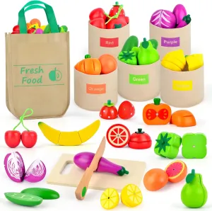 Wooden Play Food Set Color Sorting Toys, Pretend Food for Kitchen Accessories, Toddler Fruit Veggies Cutting Toy, Grocery Store Pretend for Kids