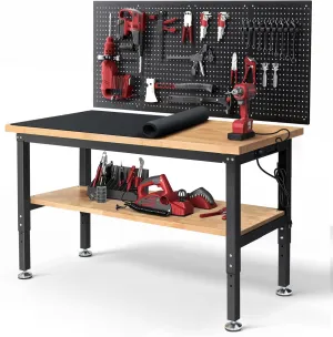 Work Table for Garage 60 Inch Workbench with Storage Adjustable Height Rubber Wood Tabletop Work Bench with Power Outlets Pegboard Pad for Cutting Wood Shop Woodworking Home Office