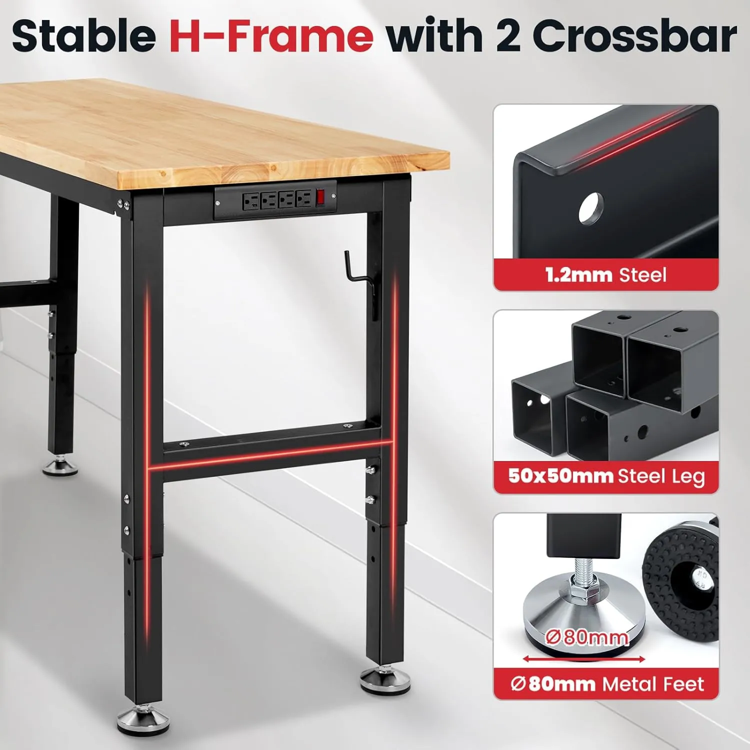 Workbench for Garage 48 Inch Work Bench Table Adjustable Height Rubberwood Tabletop Work Table with Power Outlets for Woodworking Shop Home Office Electronic Cutting Wood