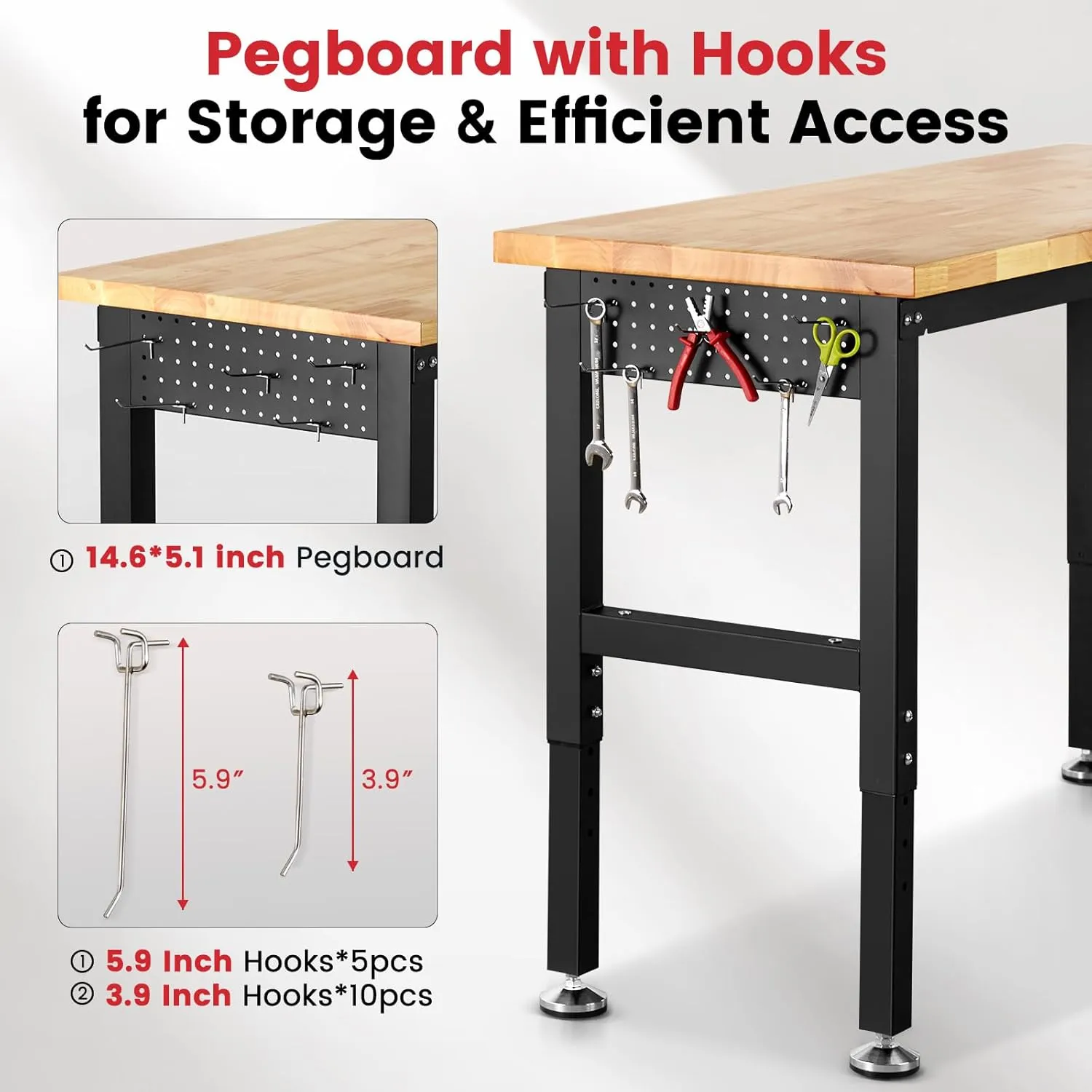 Workbench for Garage 48 Inch Work Bench Table Adjustable Height Rubberwood Tabletop Work Table with Power Outlets for Woodworking Shop Home Office Electronic Cutting Wood