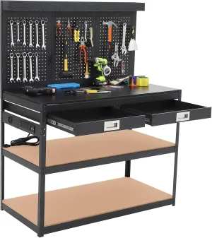 Workbench Steel Work Bench for Garage, Heavy Duty Table with Pegboard, 2 Drawers, 1000lbs Capacity, Metal Tool Work Bench for Workshop, 0.48" Bench Top Thickness Hardwood, 4xAC Power Outlets