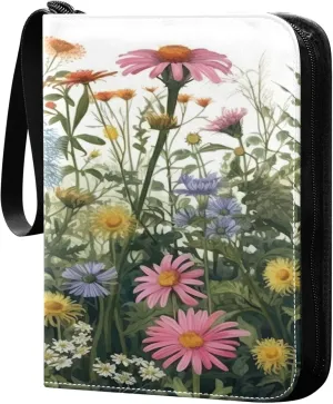 xigua Colorful Herbal Wildflower Card Binder 4-Pockets, Trading Card Binder 400 Pockets Baseball Card Binder Waterproof PU Leather Card Collection Binder for Games Card Album Card