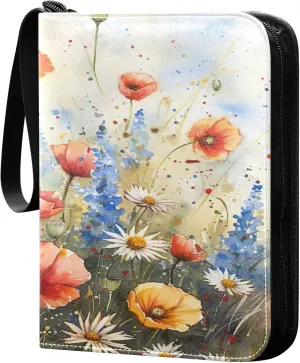 xigua Colorful Herbal Wildflower Card Binder 4-Pockets, Trading Card Binder 400 Pockets Baseball Card Binder Waterproof PU Leather Card Collection Binder for Games Card Album Card