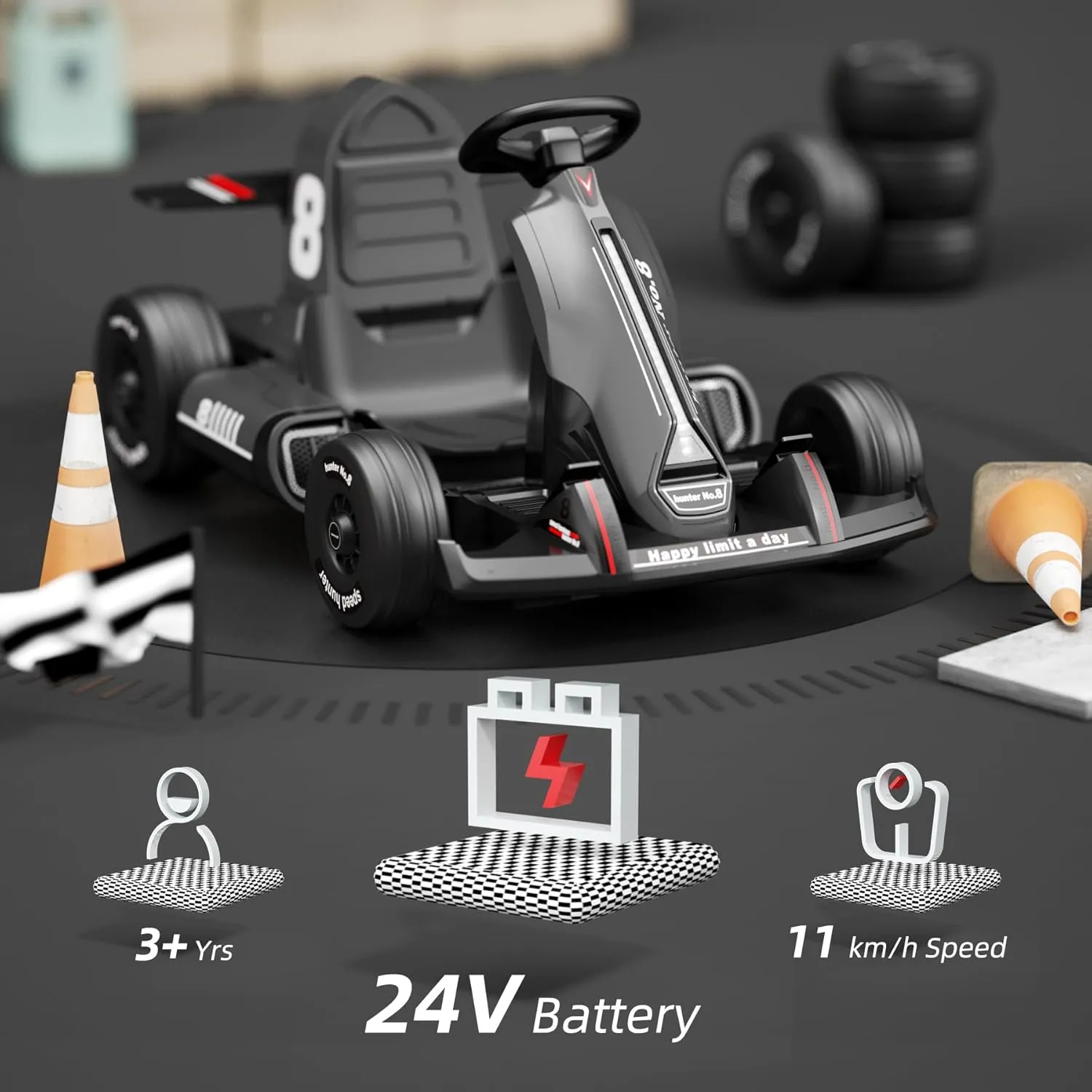 XJD 24V 7Ah Battery Electric Go Kart with Adjustable Seat, Powered Pedal Go Karts for 3  Kids Youths on Car Electric Vehicle Car for Boys Girls (Black, 24V)