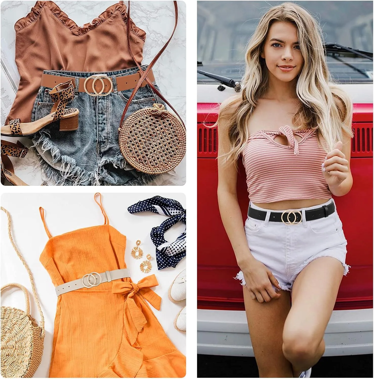 XZQTIVE 3 Pack Women's Leather Belts For Jeans Dresses Pants Fashion Ladies Waist Belt with Gold Buckle
