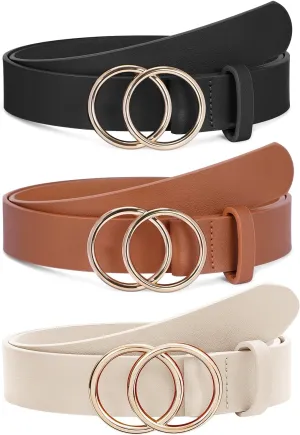 XZQTIVE 3 Pack Women's Leather Belts For Jeans Dresses Pants Fashion Ladies Waist Belt with Gold Buckle
