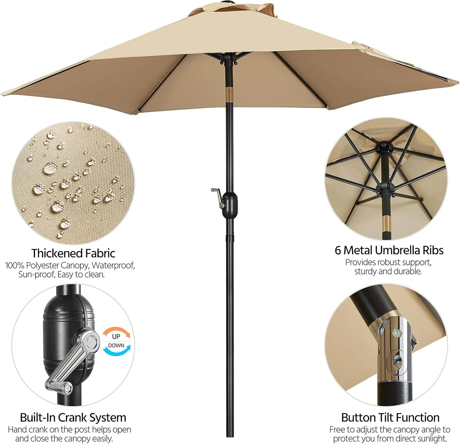 Yaheetech 7.5FT Patio Umbrella Outdoor Table Umbrella Canopy Market Umbrella with Push Button Tilt & Crank for Garden/Lawn/Deck/Backyard/Pool, 6 Ribs, Tan