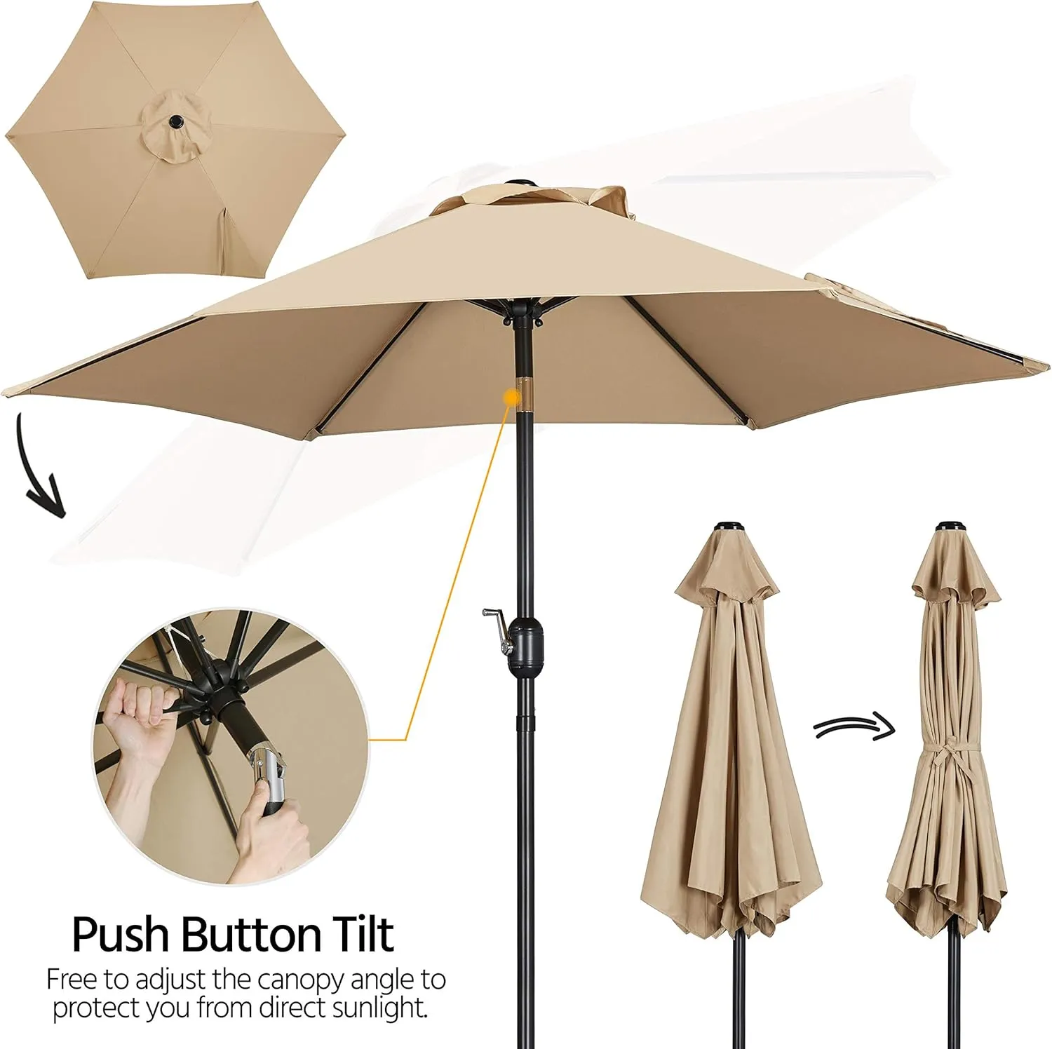 Yaheetech 7.5FT Patio Umbrella Outdoor Table Umbrella Canopy Market Umbrella with Push Button Tilt & Crank for Garden/Lawn/Deck/Backyard/Pool, 6 Ribs, Tan