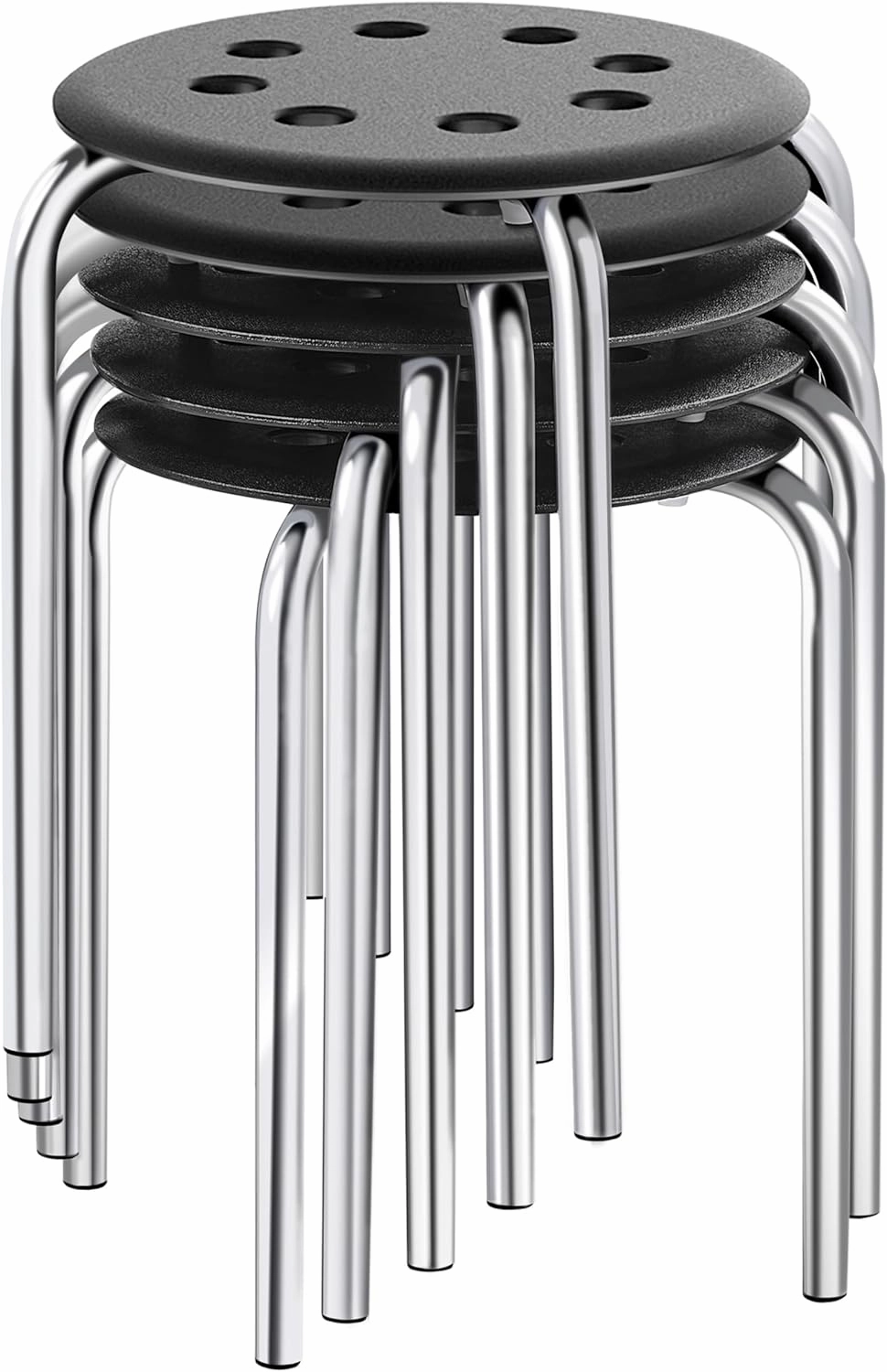 Yaheetech Plastic Stacking Stools Flexible Seating 17.3in Portable Backless Stools Round Top Metal Frame for Home Garden Kitchen Silver Set of 5
