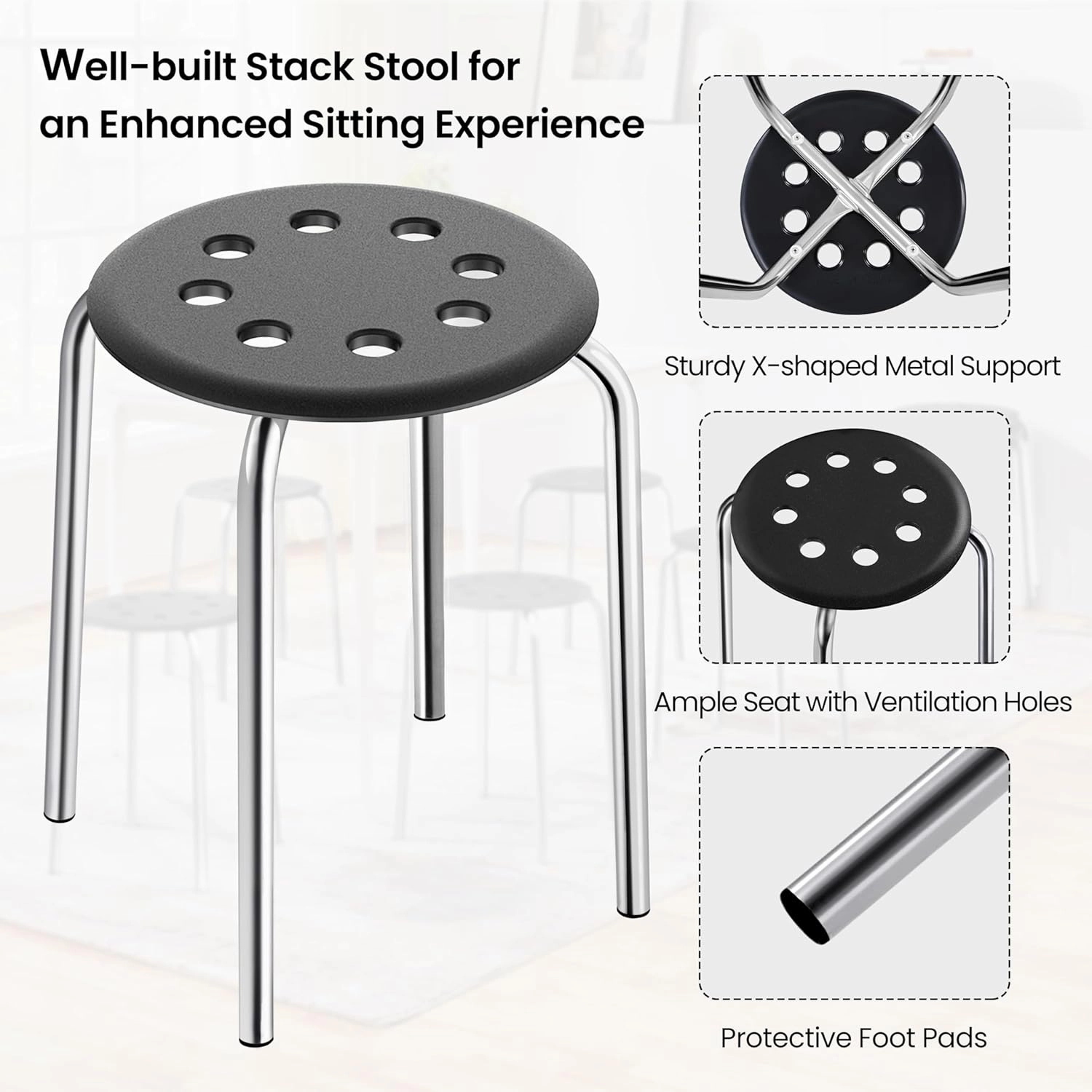 Yaheetech Plastic Stacking Stools Flexible Seating 17.3in Portable Backless Stools Round Top Metal Frame for Home Garden Kitchen Silver Set of 5