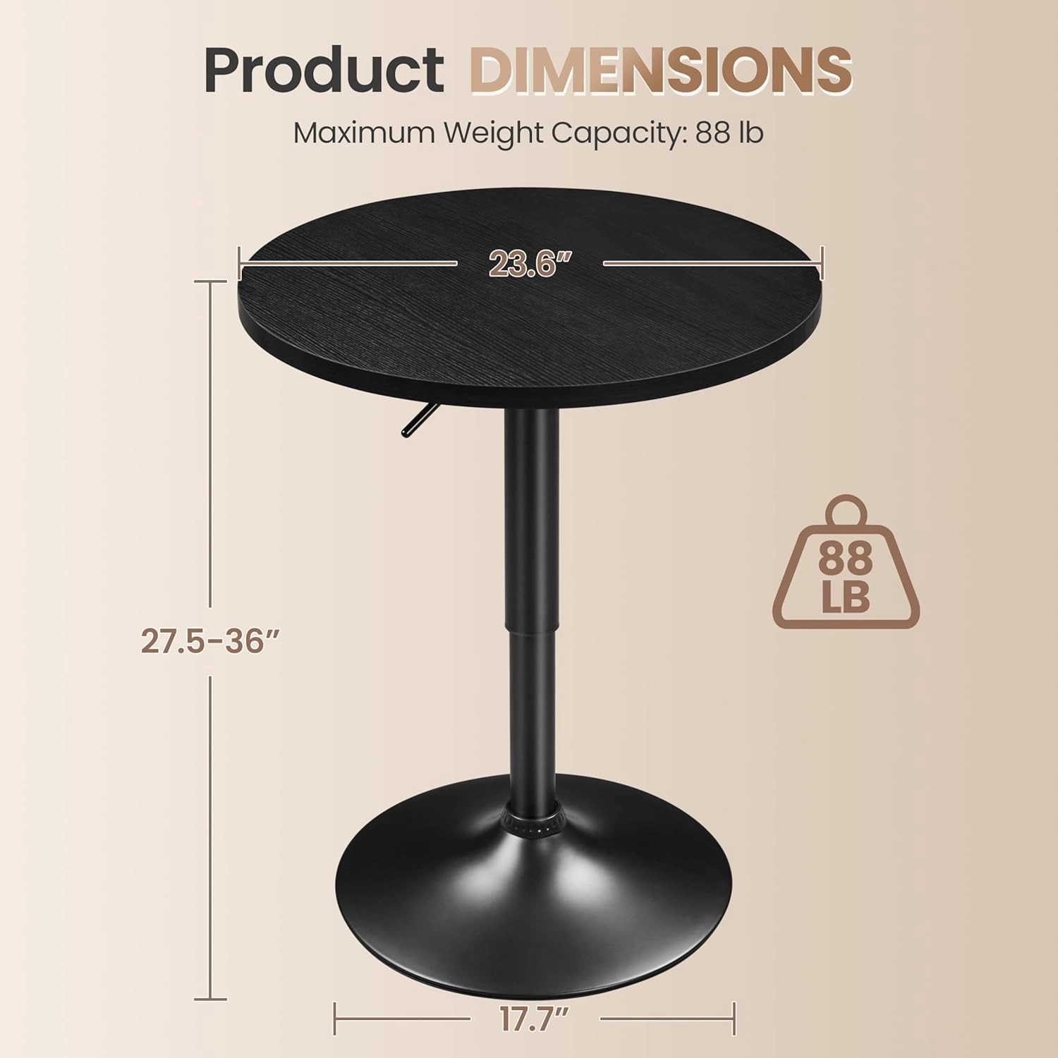 Yaheetech Round Bar Table, Adjustable Height and 360° Swivel Bar Tables, Cocktail Table with MDF Top, Silver Leg Base for Bar, Bistro, Café, Full Black