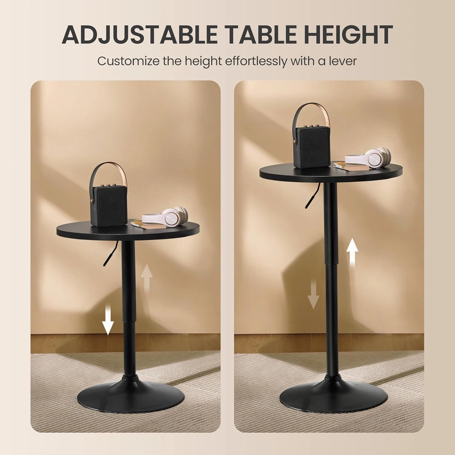 Yaheetech Round Bar Table, Adjustable Height and 360° Swivel Bar Tables, Cocktail Table with MDF Top, Silver Leg Base for Bar, Bistro, Café, Full Black