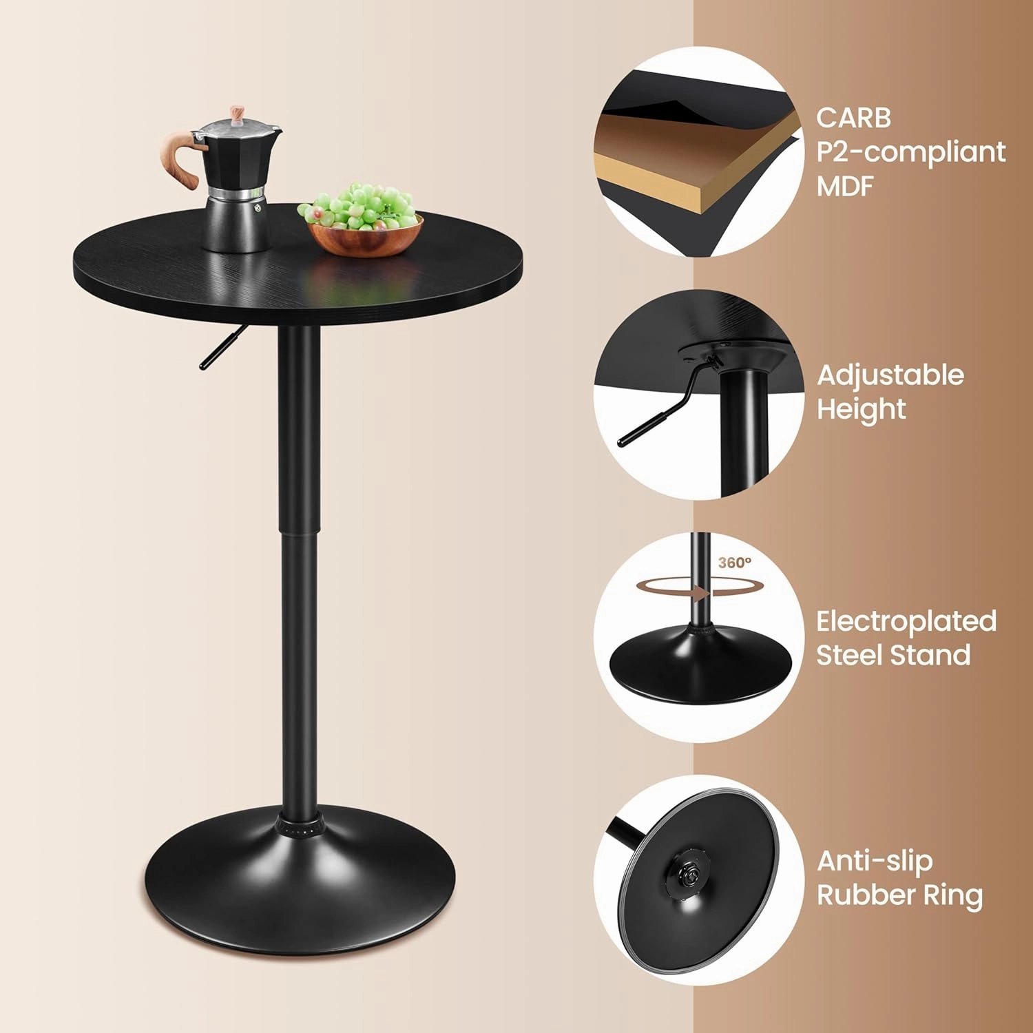 Yaheetech Round Bar Table, Adjustable Height and 360° Swivel Bar Tables, Cocktail Table with MDF Top, Silver Leg Base for Bar, Bistro, Café, Full Black
