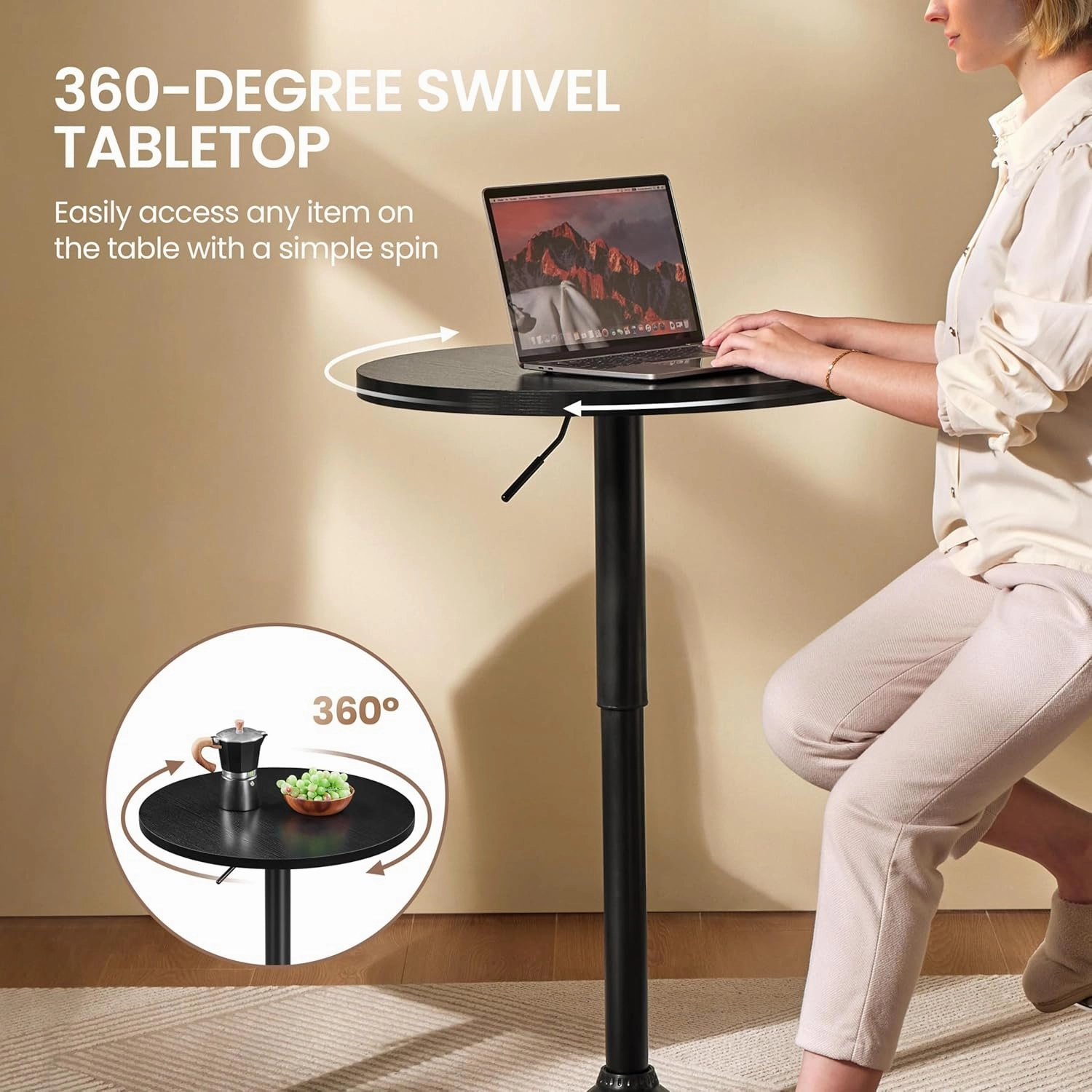 Yaheetech Round Bar Table, Adjustable Height and 360° Swivel Bar Tables, Cocktail Table with MDF Top, Silver Leg Base for Bar, Bistro, Café, Full Black