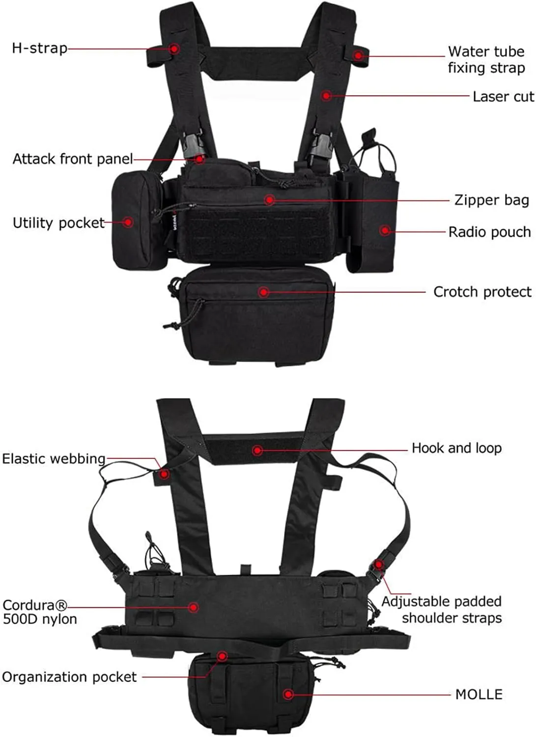 YAKEDA Tactical Chest Mini Rig Vest with Magazine Pouch Adjustable Detachable Laser-cutting Molle Modular Chest Vest