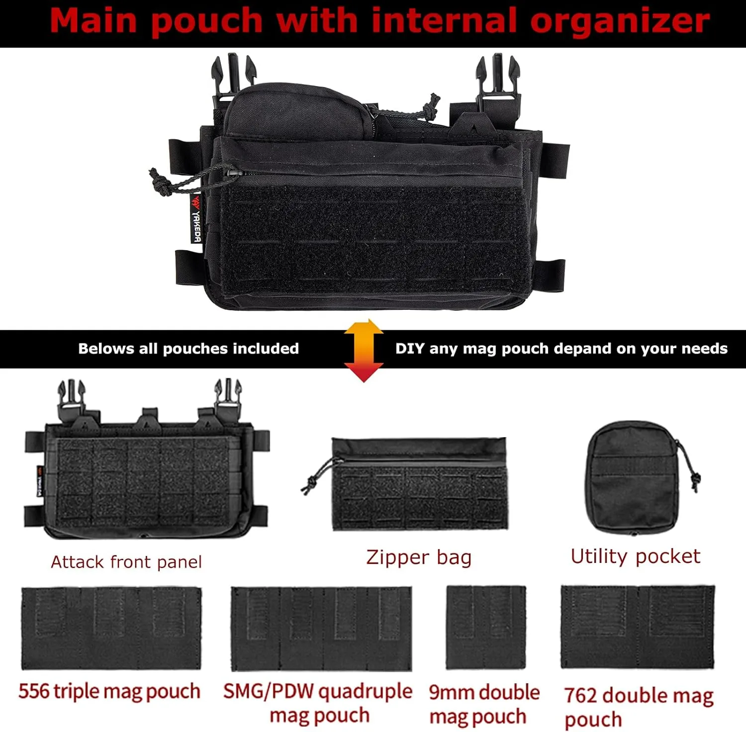YAKEDA Tactical Chest Mini Rig Vest with Magazine Pouch Adjustable Detachable Laser-cutting Molle Modular Chest Vest
