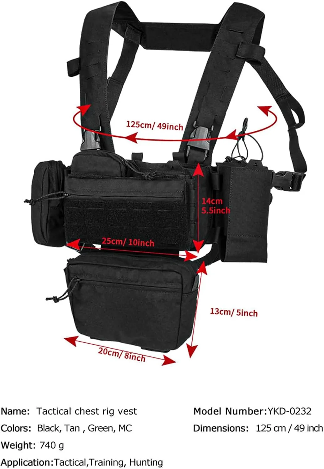 YAKEDA Tactical Chest Mini Rig Vest with Magazine Pouch Adjustable Detachable Laser-cutting Molle Modular Chest Vest