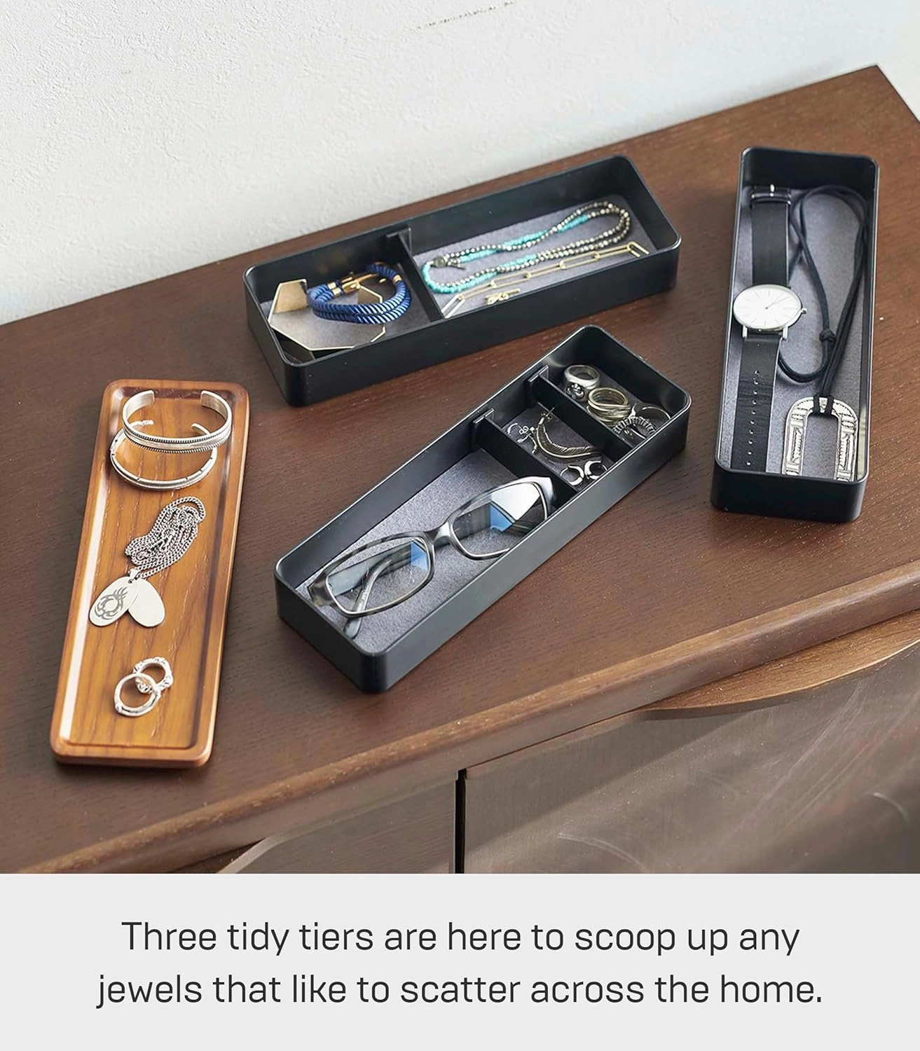 Yamazaki Home Rin Stacking Watch And Accessory Case, Jewelry Box Organizer For Glasses, 3-Tier - Accessories - Plastic   Wood, Black