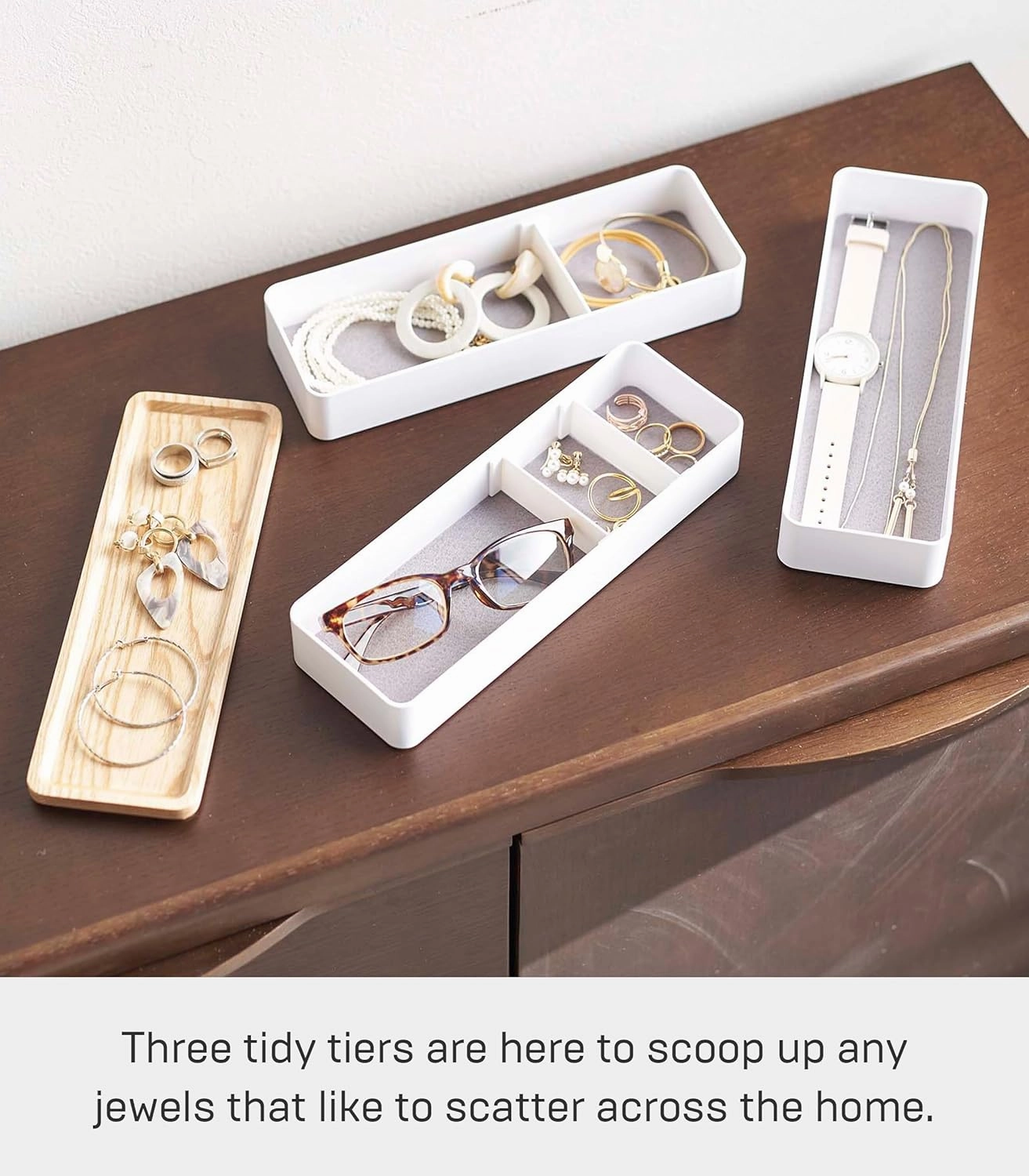 Yamazaki Home Rin Stacking Watch And Accessory Case, Jewelry Box Organizer For Glasses, 3-Tier - Accessories - Plastic   Wood,White
