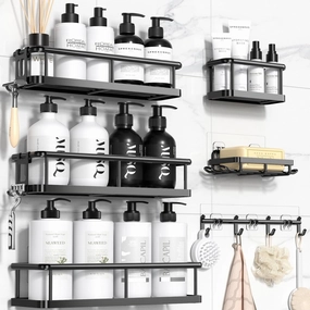 YASONIC Shower Caddy 6 Pack Rustproof shower Organizer, Large Capacity Shower Shelves for inside shower, Bathroom Organizers and Storage with Soap Holder and 12 Hooks, Adhesive Shower storage, Black
