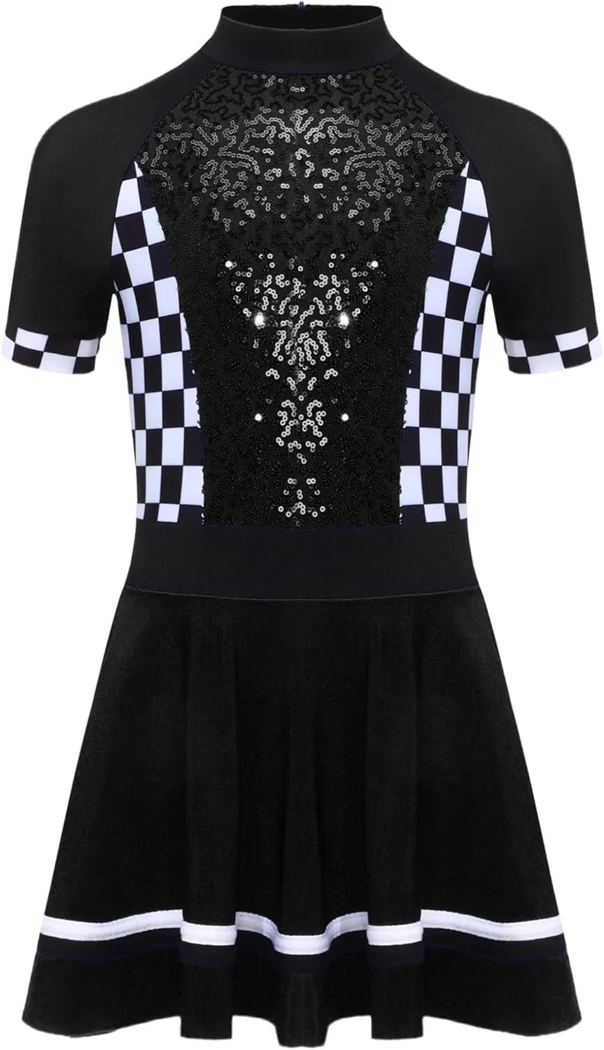 YEAHDOR Kids Girls Race Car Driver Costume Shiny Sequins Checkerboard Leotard Dress Halloween Dress Up