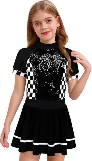 YEAHDOR Kids Girls Race Car Driver Costume Shiny Sequins Checkerboard Leotard Dress Halloween Dress Up