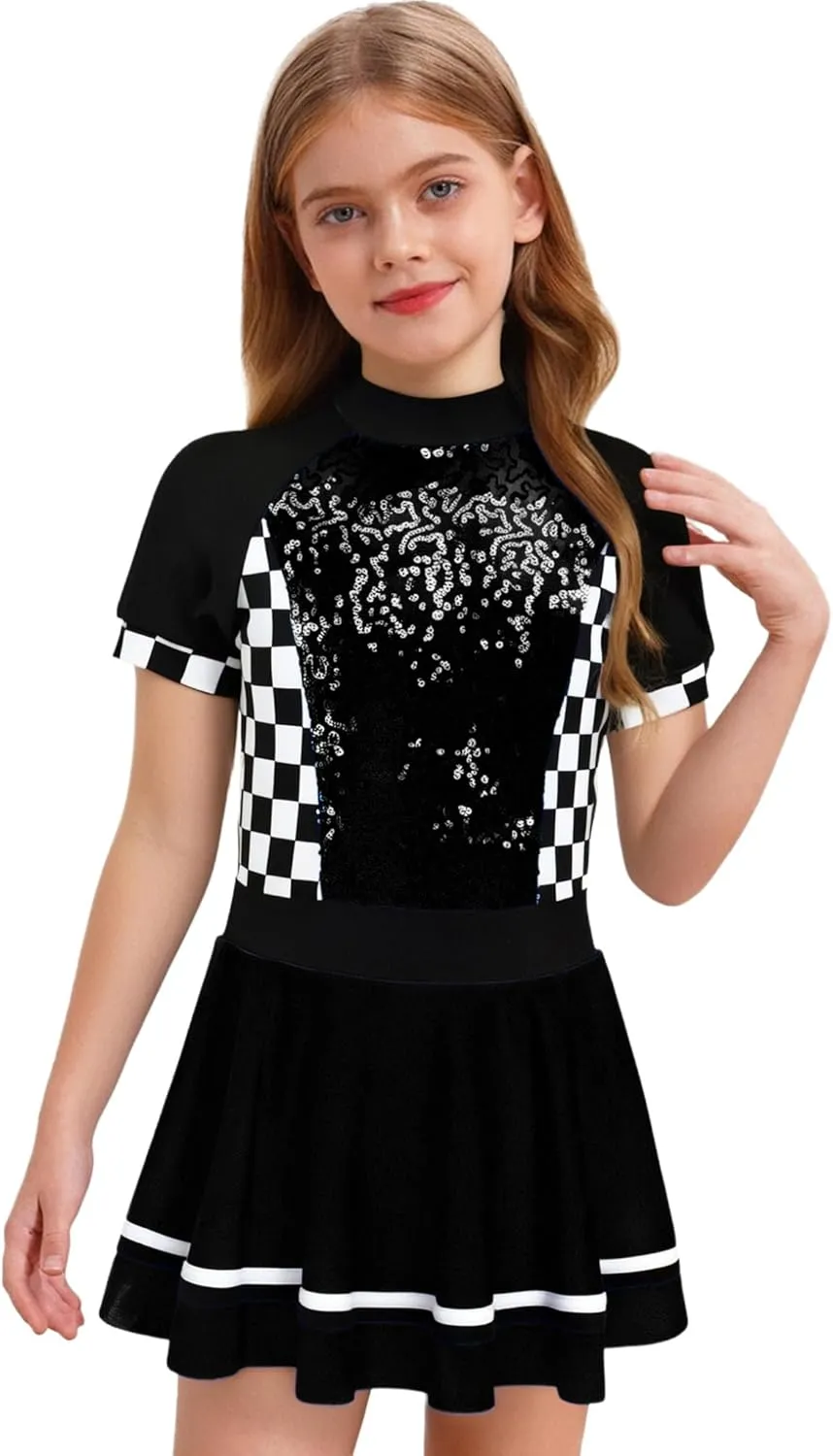 YEAHDOR Kids Girls Race Car Driver Costume Shiny Sequins Checkerboard Leotard Dress Halloween Dress Up