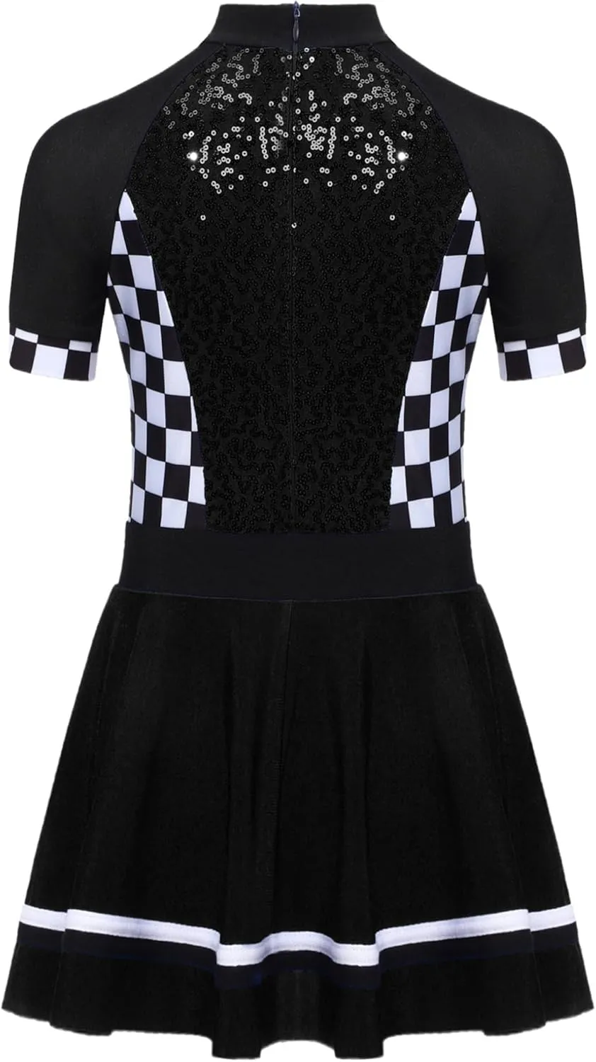 YEAHDOR Kids Girls Race Car Driver Costume Shiny Sequins Checkerboard Leotard Dress Halloween Dress Up