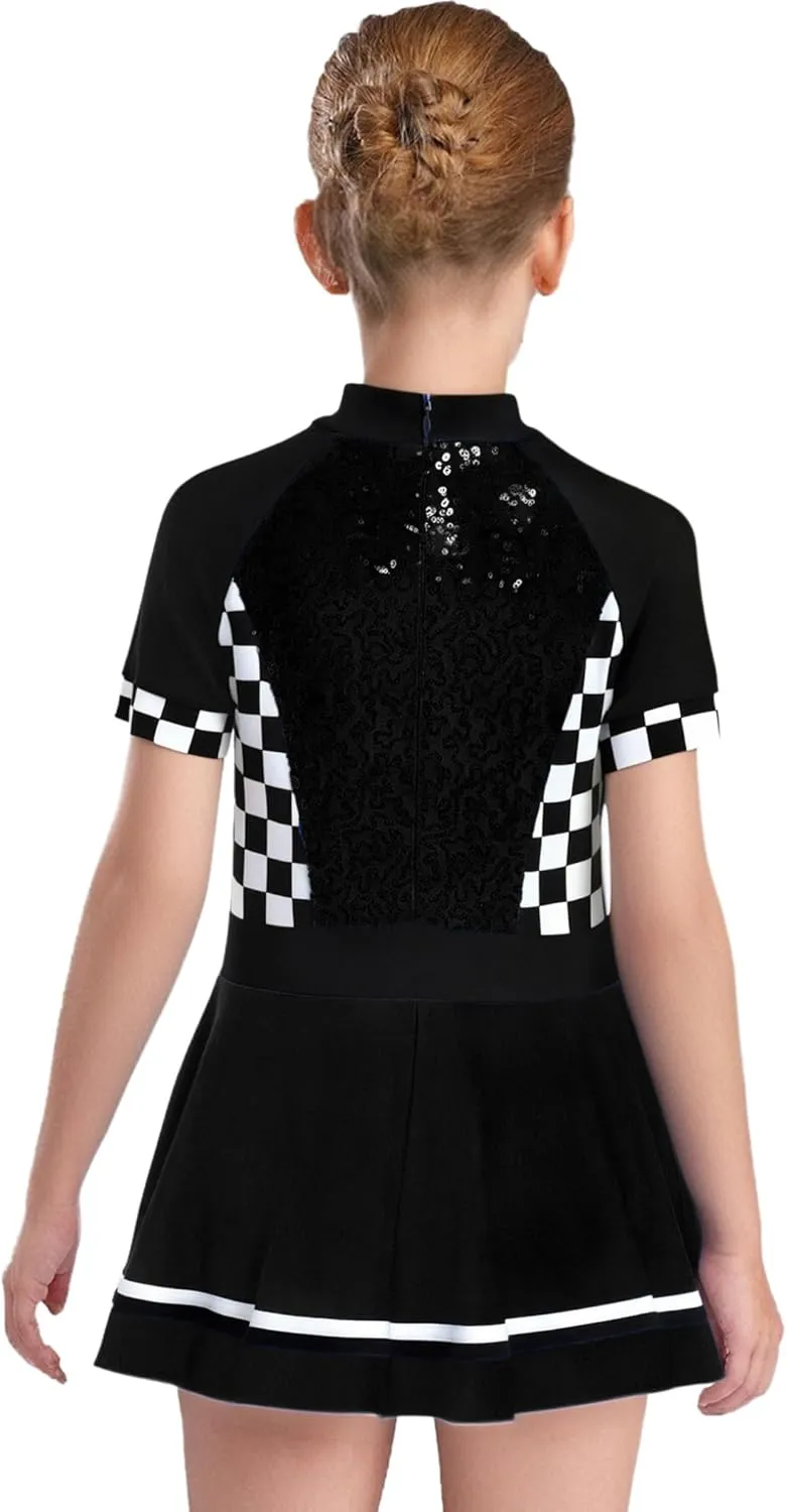 YEAHDOR Kids Girls Race Car Driver Costume Shiny Sequins Checkerboard Leotard Dress Halloween Dress Up