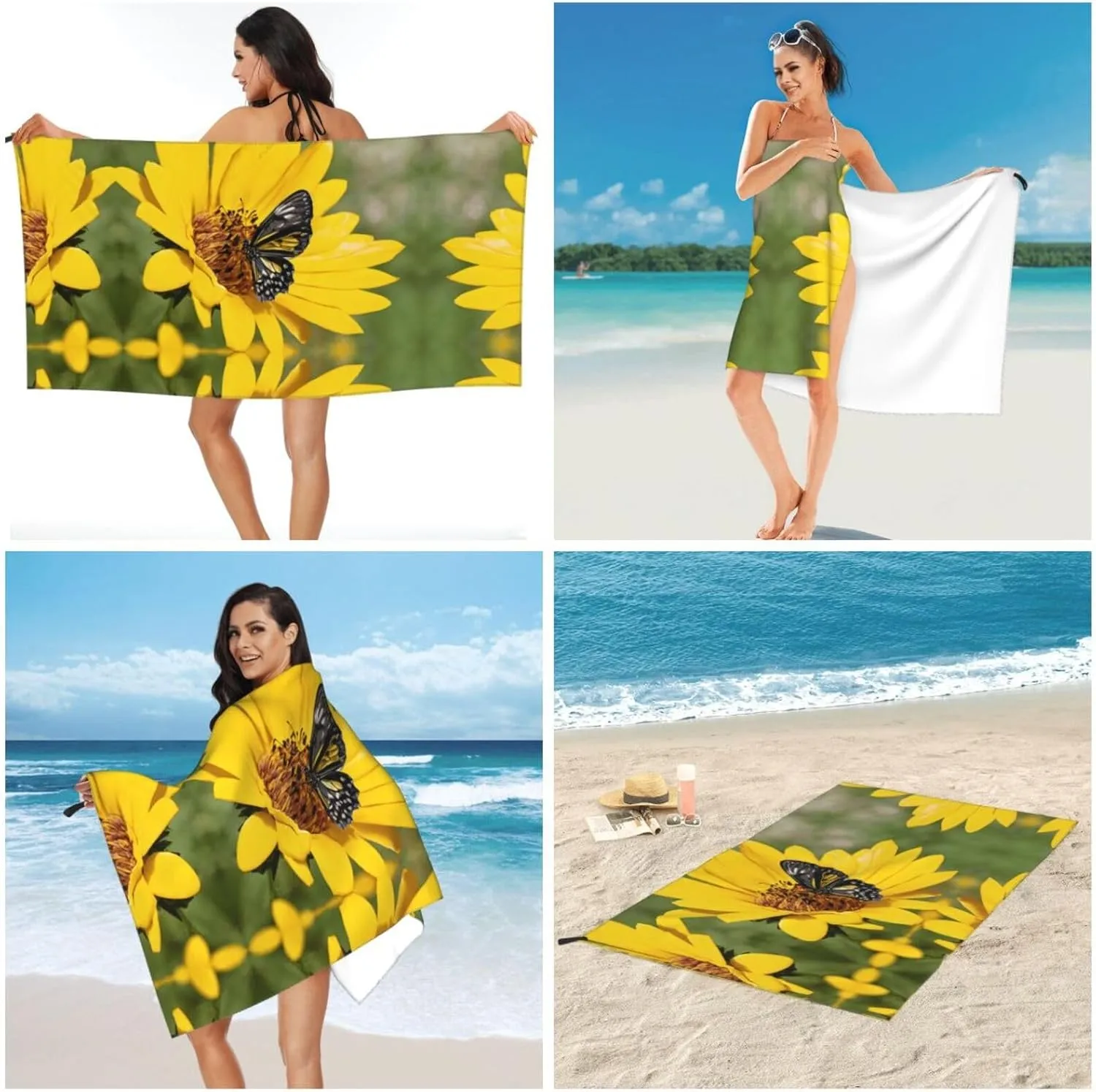 Yellow Sunflowers with Red Butterfly Premium Compact Microfiber Travel Towel-Featherlight & Quick Dry,Sand-Resistant Beach Towel for Swimming,Camping,Vacation Essentials with Carry Pouch