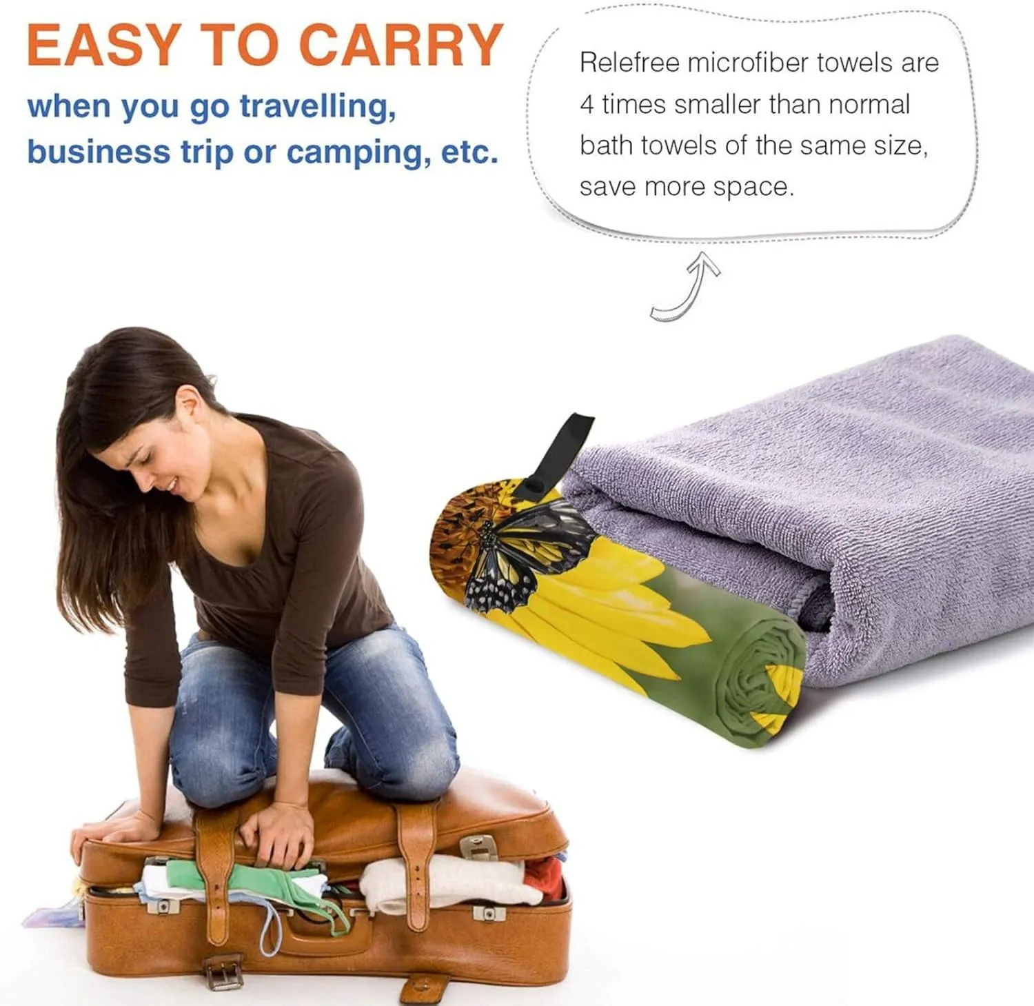 Yellow Sunflowers with Red Butterfly Premium Compact Microfiber Travel Towel-Featherlight & Quick Dry,Sand-Resistant Beach Towel for Swimming,Camping,Vacation Essentials with Carry Pouch