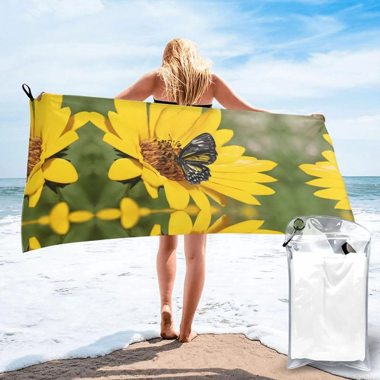 Yellow Sunflowers with Red Butterfly Premium Compact Microfiber Travel Towel-Featherlight & Quick Dry,Sand-Resistant Beach Towel for Swimming,Camping,Vacation Essentials with Carry Pouch