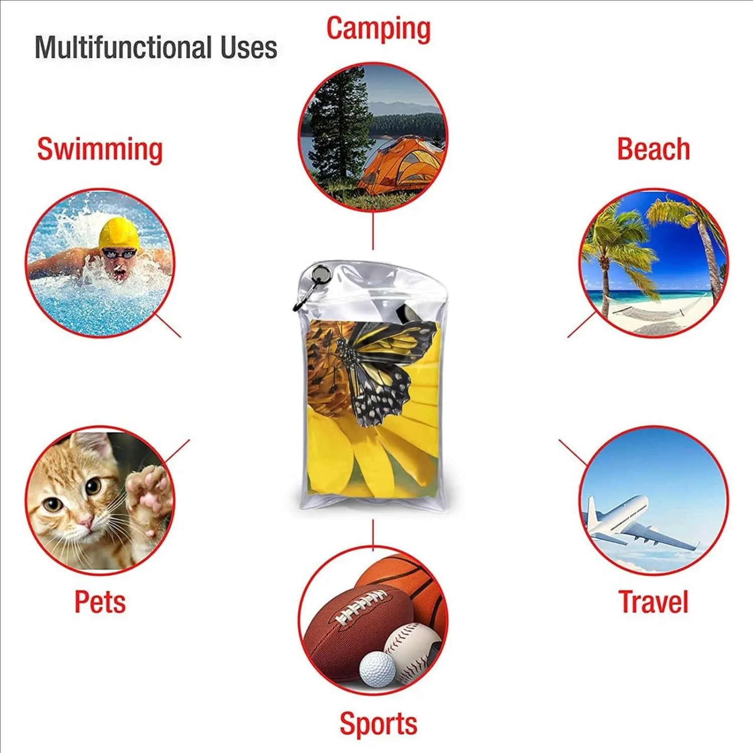Yellow Sunflowers with Red Butterfly Premium Compact Microfiber Travel Towel-Featherlight & Quick Dry,Sand-Resistant Beach Towel for Swimming,Camping,Vacation Essentials with Carry Pouch