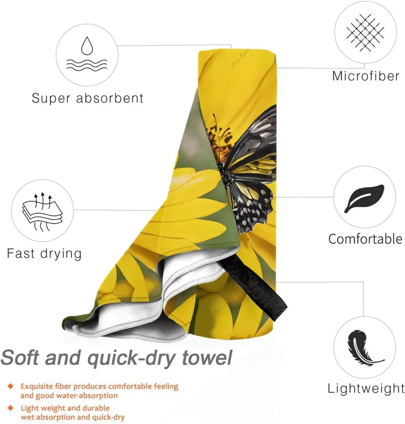 Yellow Sunflowers with Red Butterfly Premium Compact Microfiber Travel Towel-Featherlight & Quick Dry,Sand-Resistant Beach Towel for Swimming,Camping,Vacation Essentials with Carry Pouch