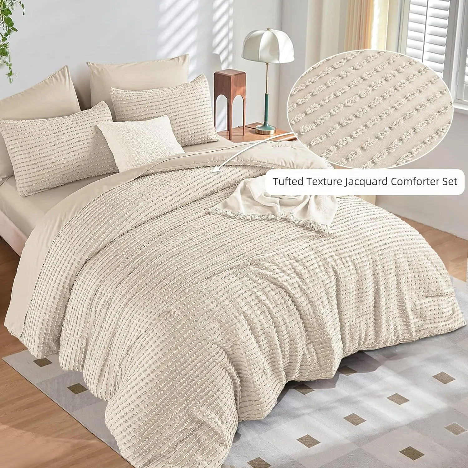 Yiran 7 Piece Beige Boho Comforter Set Queen Bed in a Bag Tufted Texture Comforter Set Fluffy Jacquard Geometric Bedding Set 90"×90"