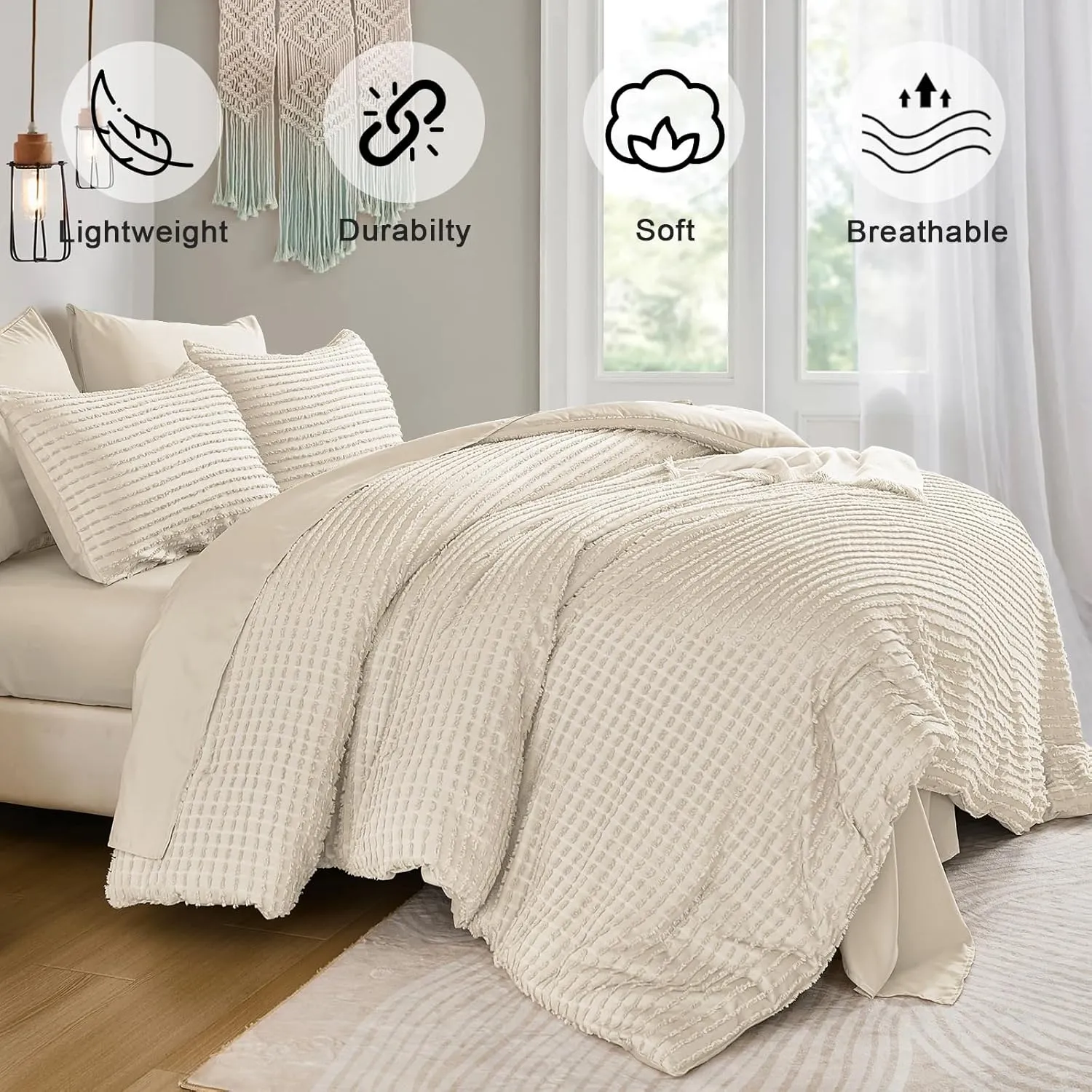 Yiran 7 Piece Beige Boho Comforter Set Queen Bed in a Bag Tufted Texture Comforter Set Fluffy Jacquard Geometric Bedding Set 90"×90"