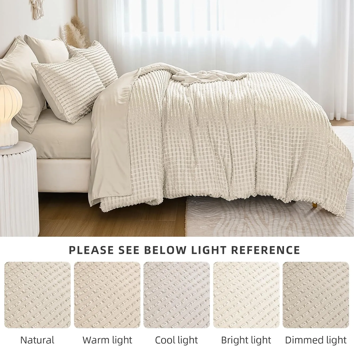 Yiran 7 Piece Beige Boho Comforter Set Queen Bed in a Bag Tufted Texture Comforter Set Fluffy Jacquard Geometric Bedding Set 90"×90"